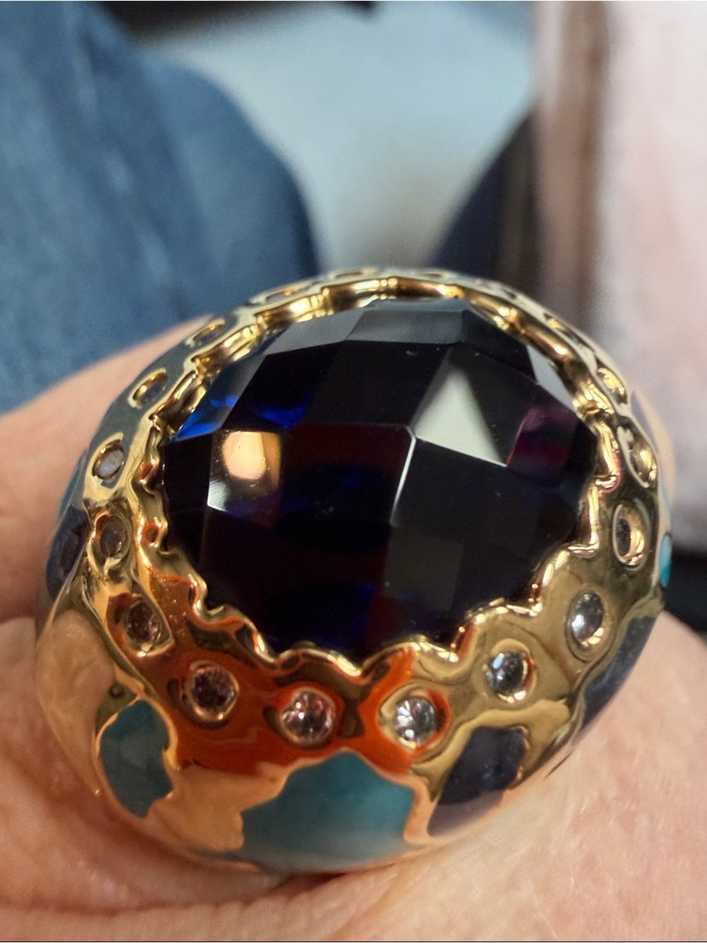 Lauren G Adam’s Gold-Tone Statement Ring with Deep Blue Faceted Stone Mxd Stones
